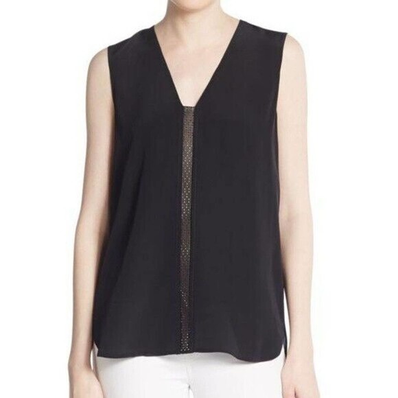 VINCE Silk Dye Cut Leather Strip Black Tank Sz XS - Picture 1 of 8